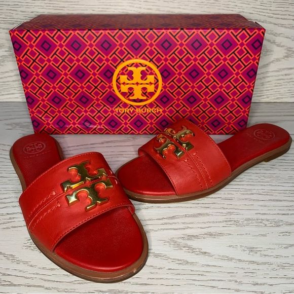 Tory Burch Shoes - Tory Burch Everly Slide Brilliant Red Calf Leather Slip On Sandal Flat Size 5